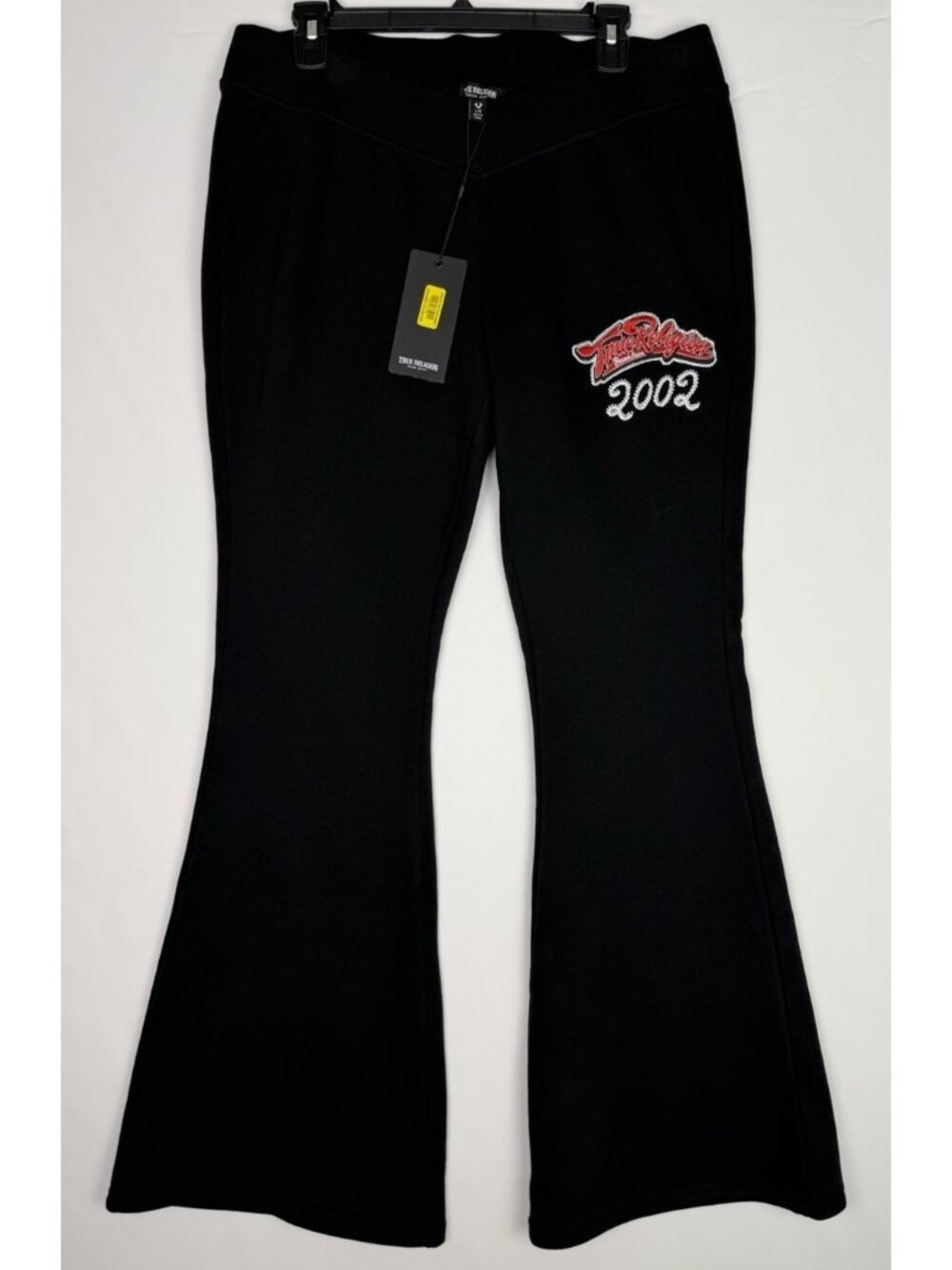 True Religion Women’s Crystal V Flare Sweatpants Jet Black Rhinestone NEW